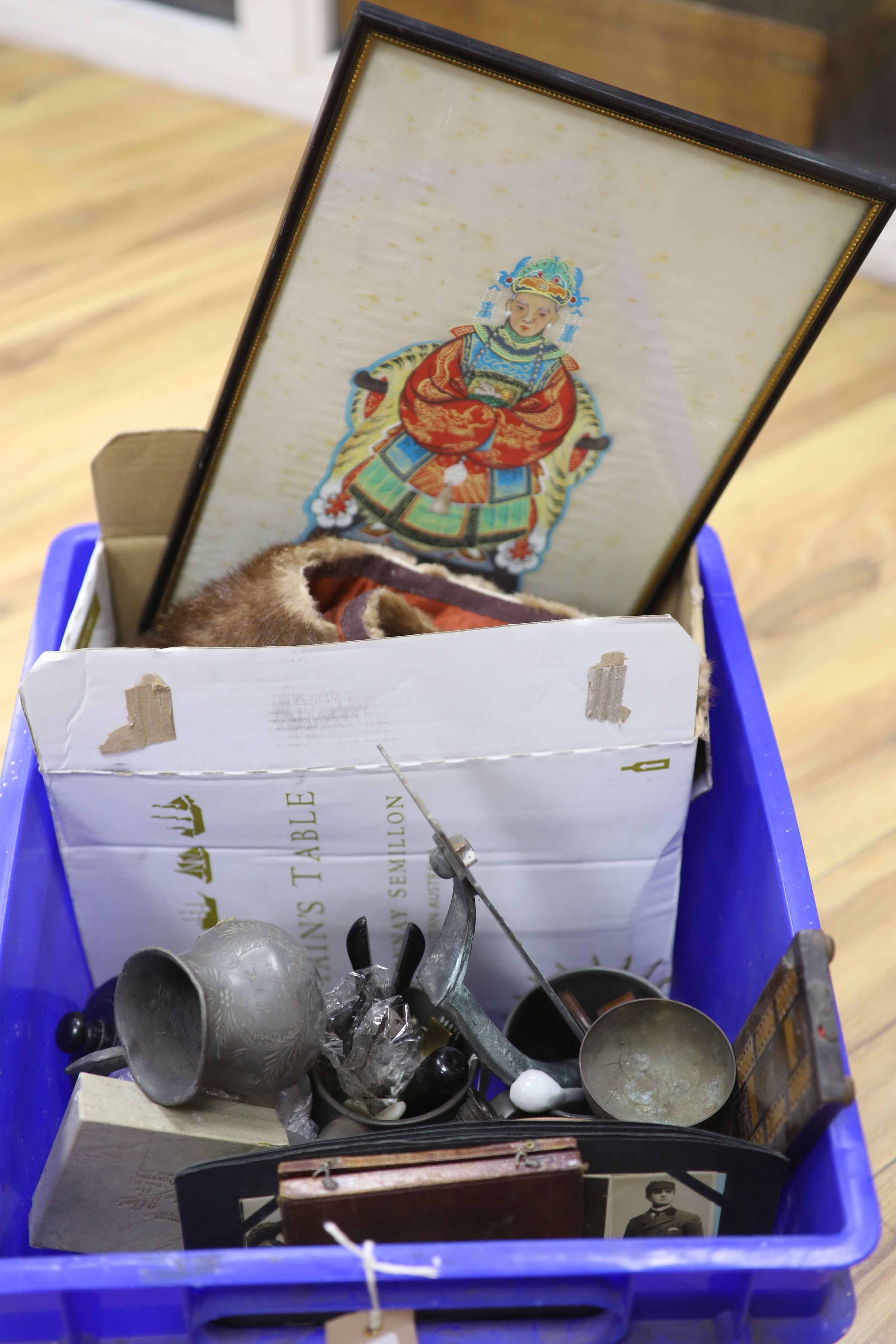 A quantity of mixed collectables including a pair of Chinese watercolours of seated dignitaries, various postcards, an aneroid baromete